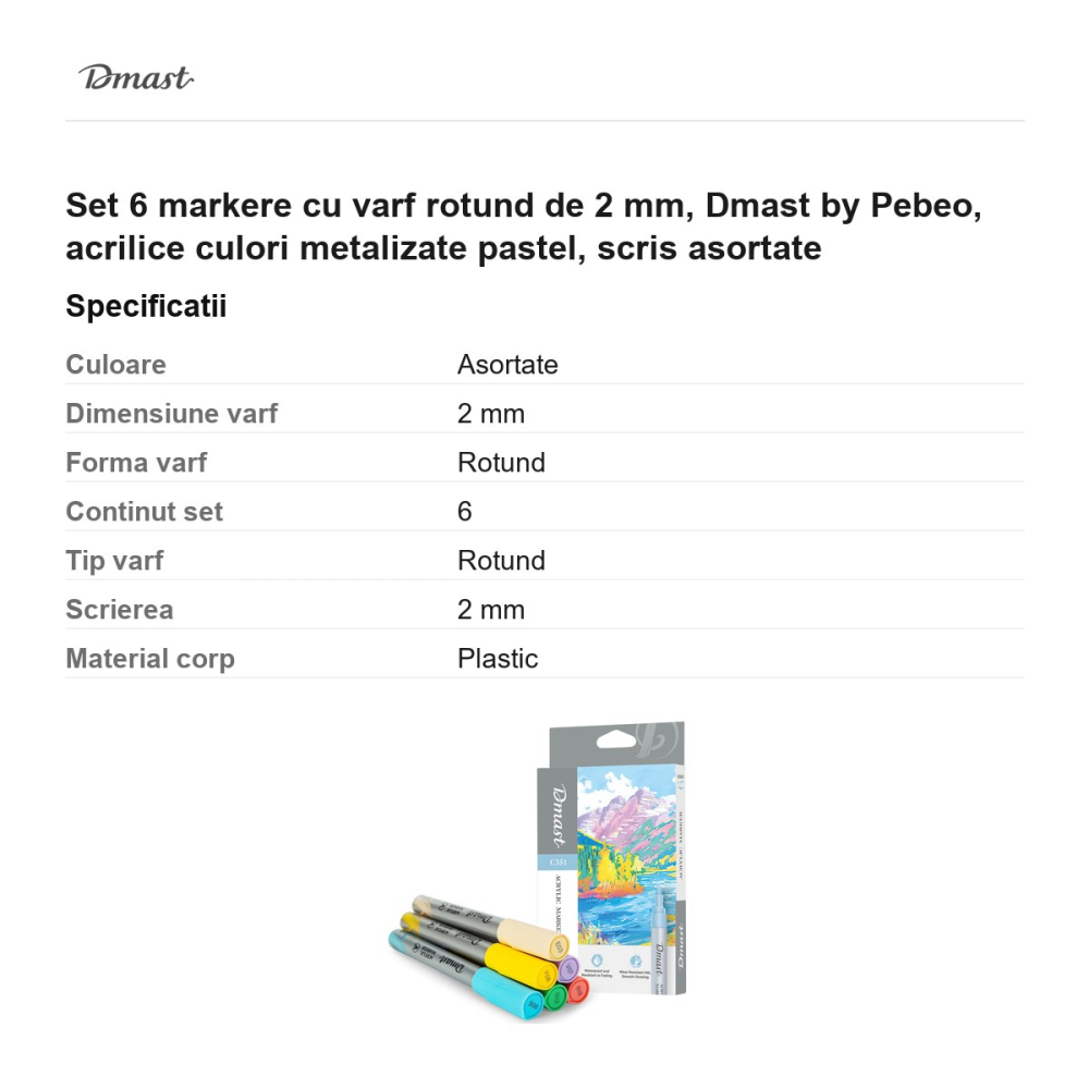 Set 6 markere cu varf rotund de 2 mm, Dmast by Pebeo, acrilice culori metalizate pastel, scris asortate [3]