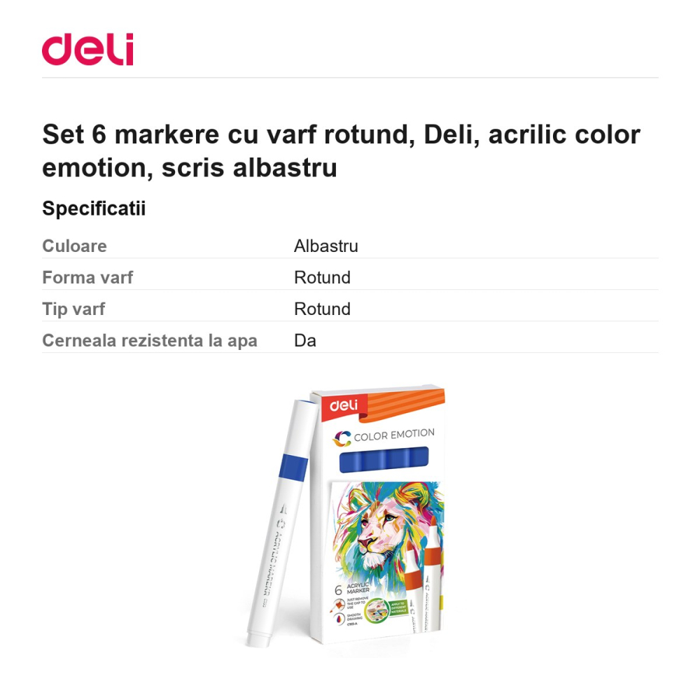 Set 6 markere cu varf rotund, Deli, acrilic color emotion, scris albastru [3]