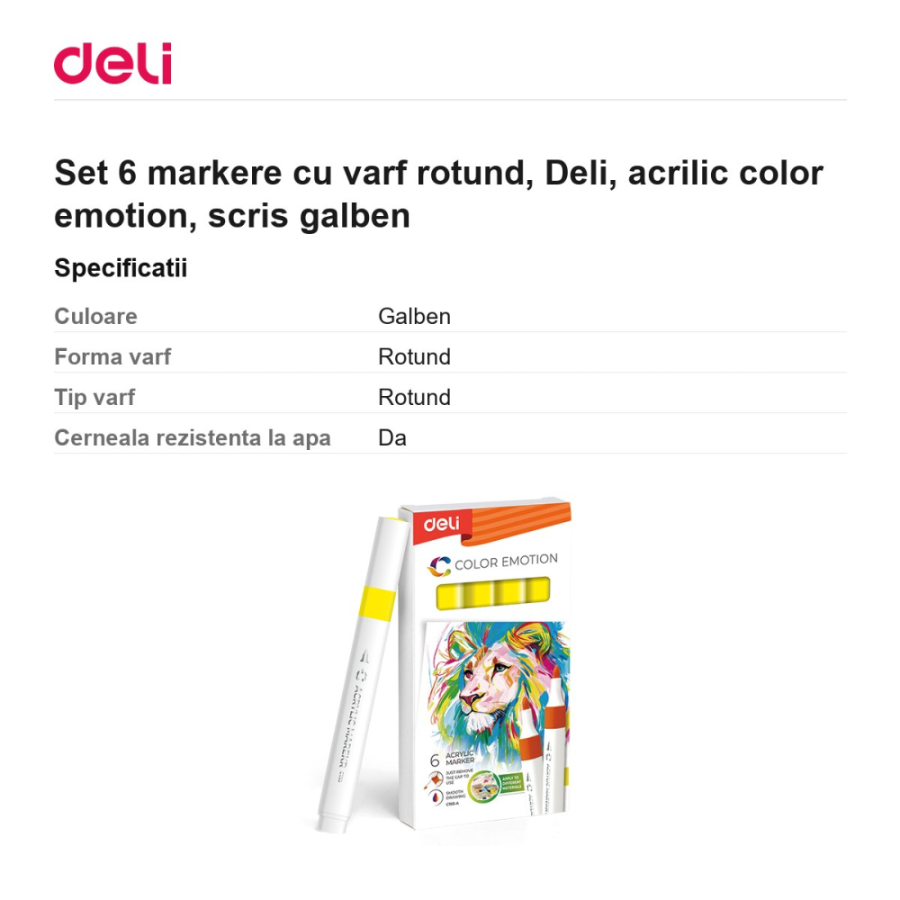 Set 6 markere cu varf rotund, Deli, acrilic color emotion, scris galben [3]