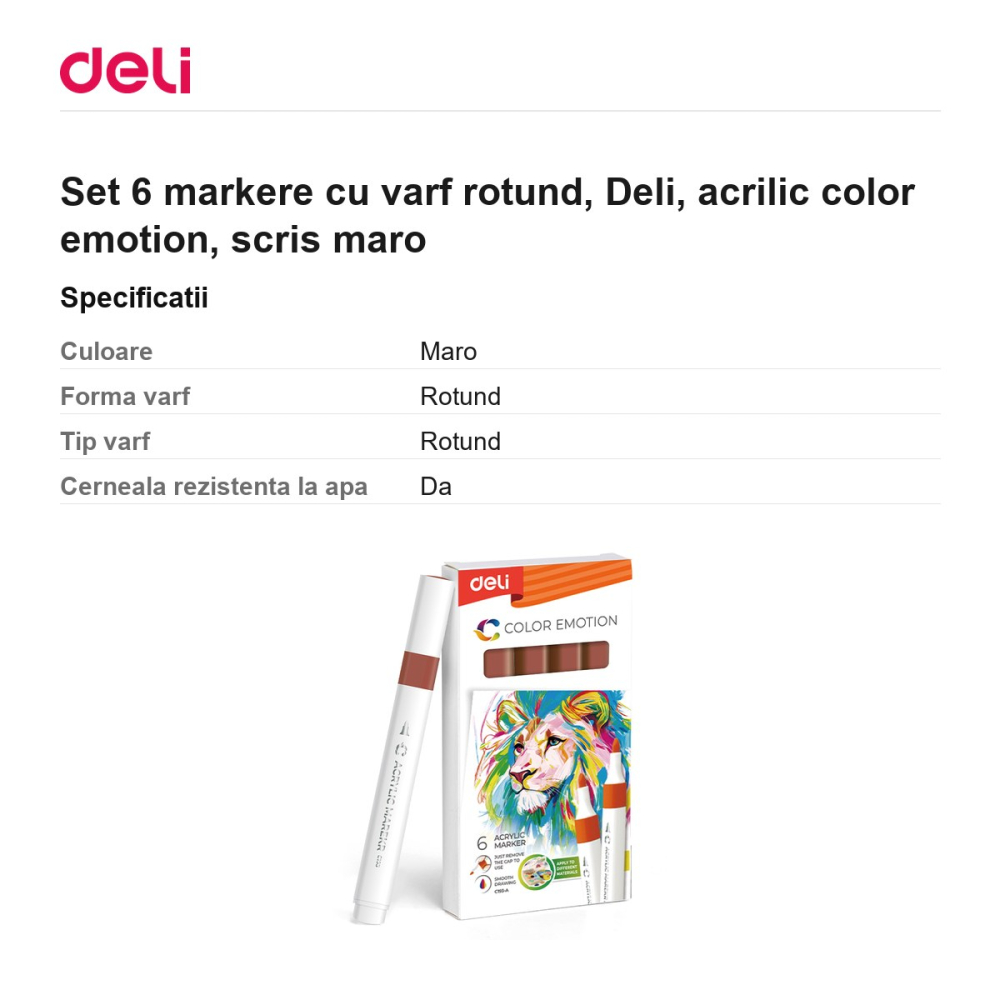 Set 6 markere cu varf rotund, Deli, acrilic color emotion, scris maro [3]