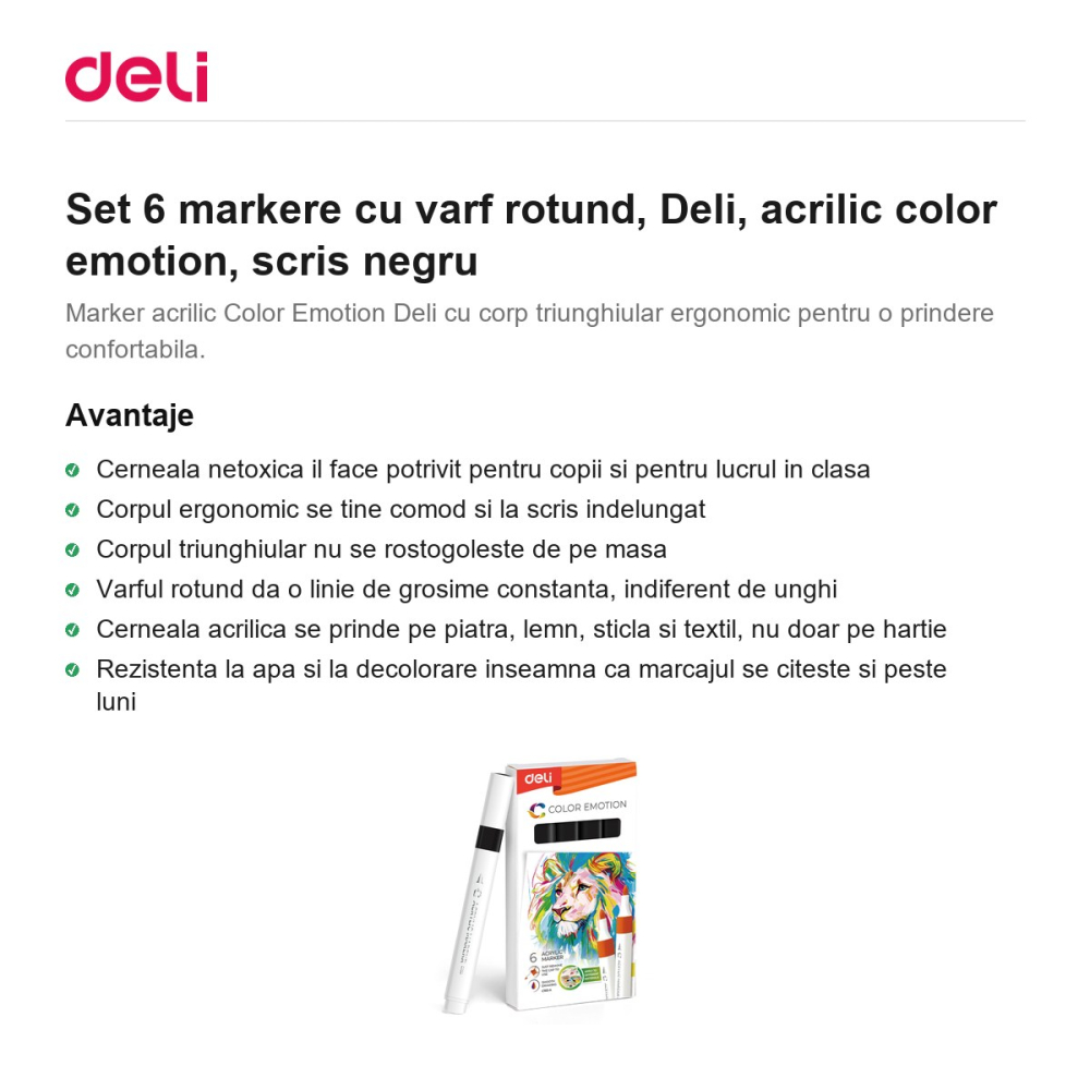 Set 6 markere cu varf rotund, Deli, acrilic color emotion, scris negru [2]