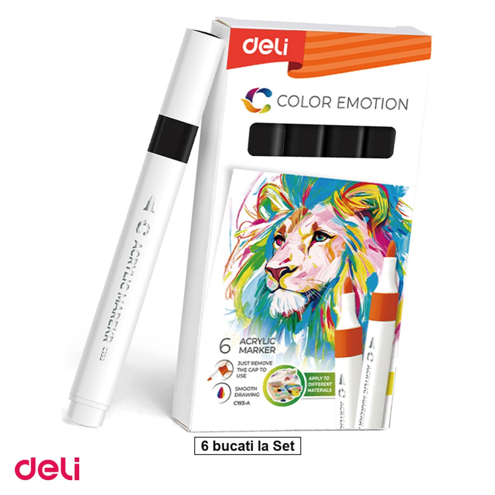 Set 6 markere cu varf rotund, Deli, acrilic color emotion, scris negru [1]