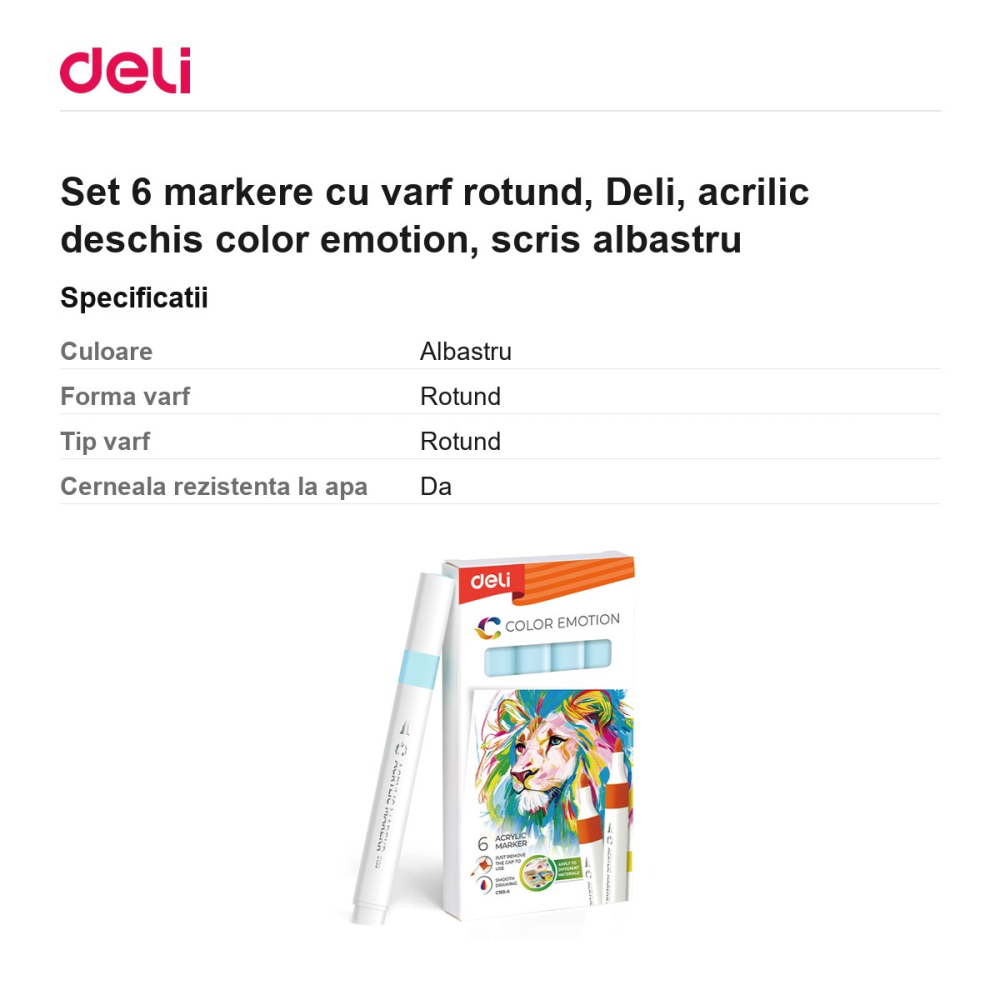 Set 6 markere cu varf rotund, Deli, acrilic deschis color emotion, scris albastru [3]