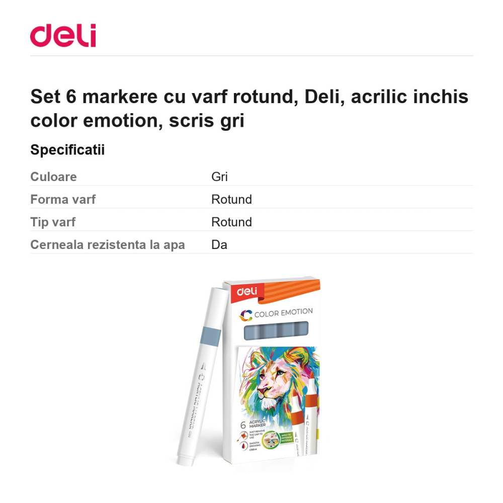 Set 6 markere cu varf rotund, Deli, acrilic inchis color emotion, scris gri [3]