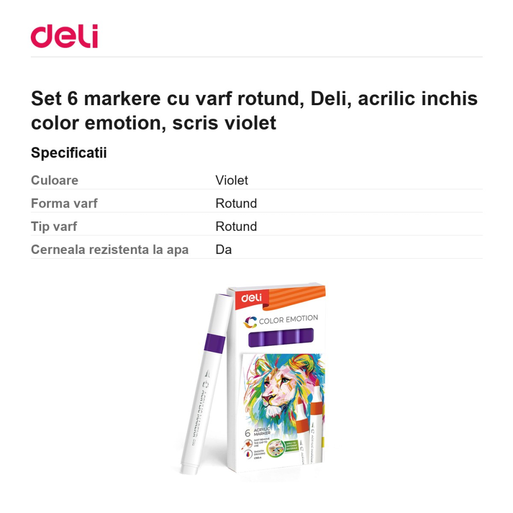 Set 6 markere cu varf rotund, Deli, acrilic inchis color emotion, scris violet [3]