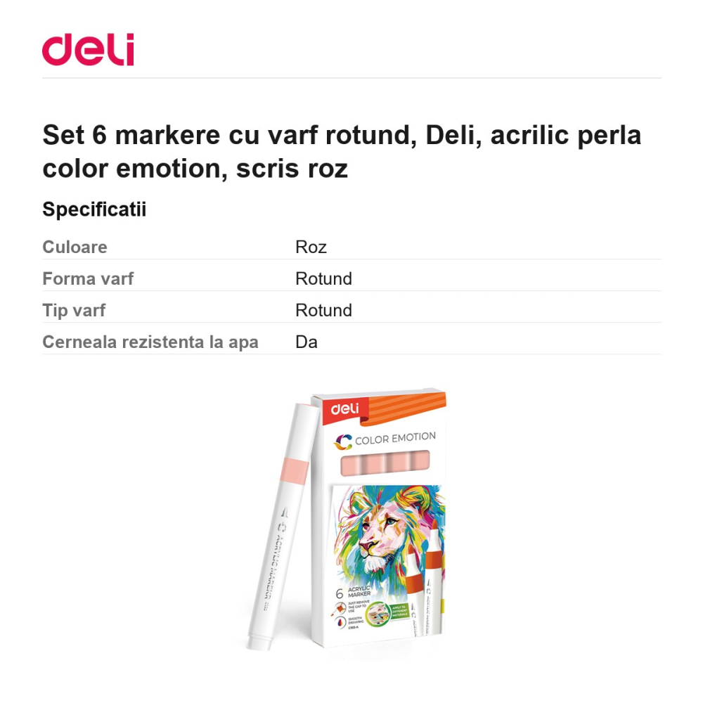 Set 6 markere cu varf rotund, Deli, acrilic perla color emotion, scris roz [3]