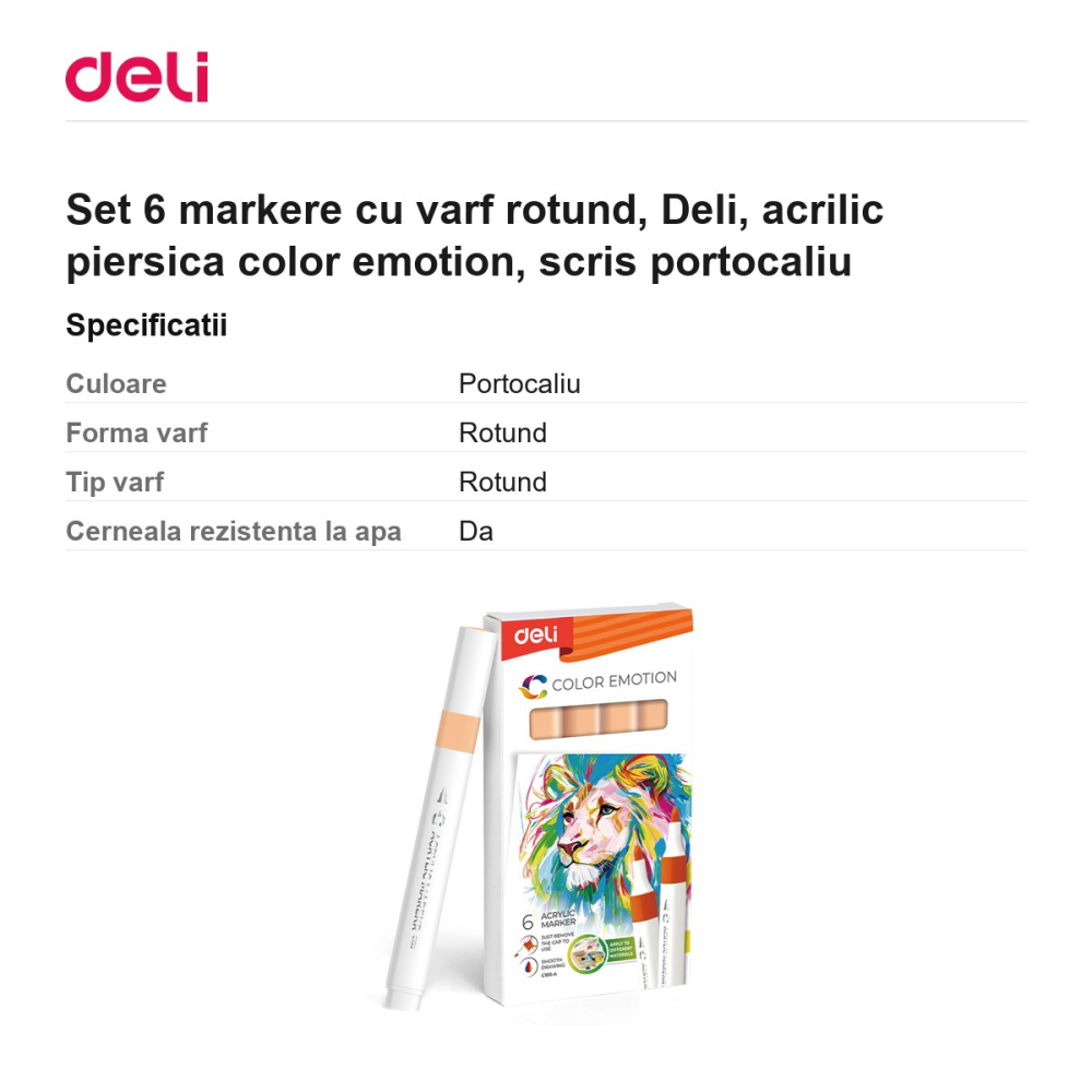 Set 6 markere cu varf rotund, Deli, acrilic piersica color emotion, scris portocaliu [3]