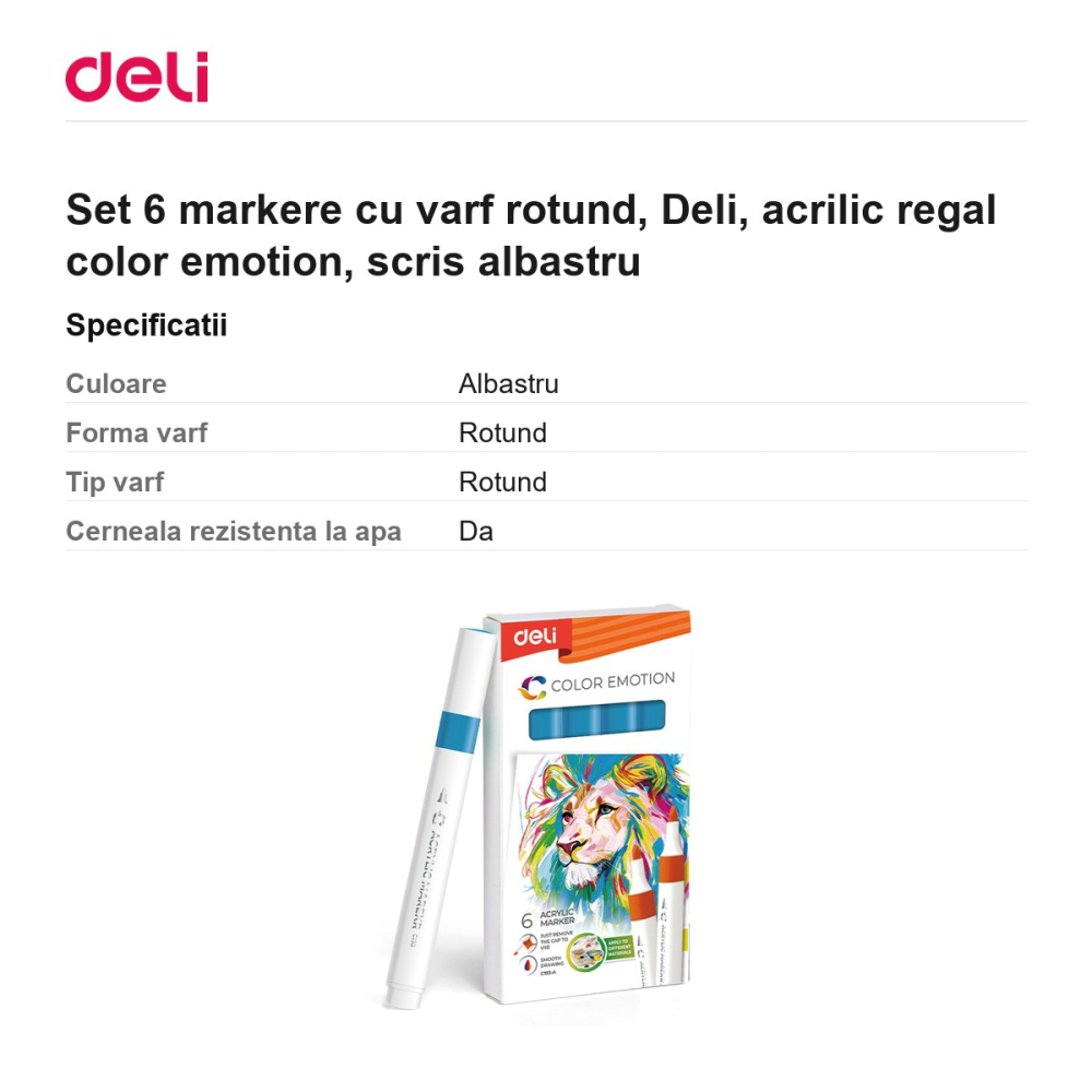Set 6 markere cu varf rotund, Deli, acrilic regal color emotion, scris albastru [3]