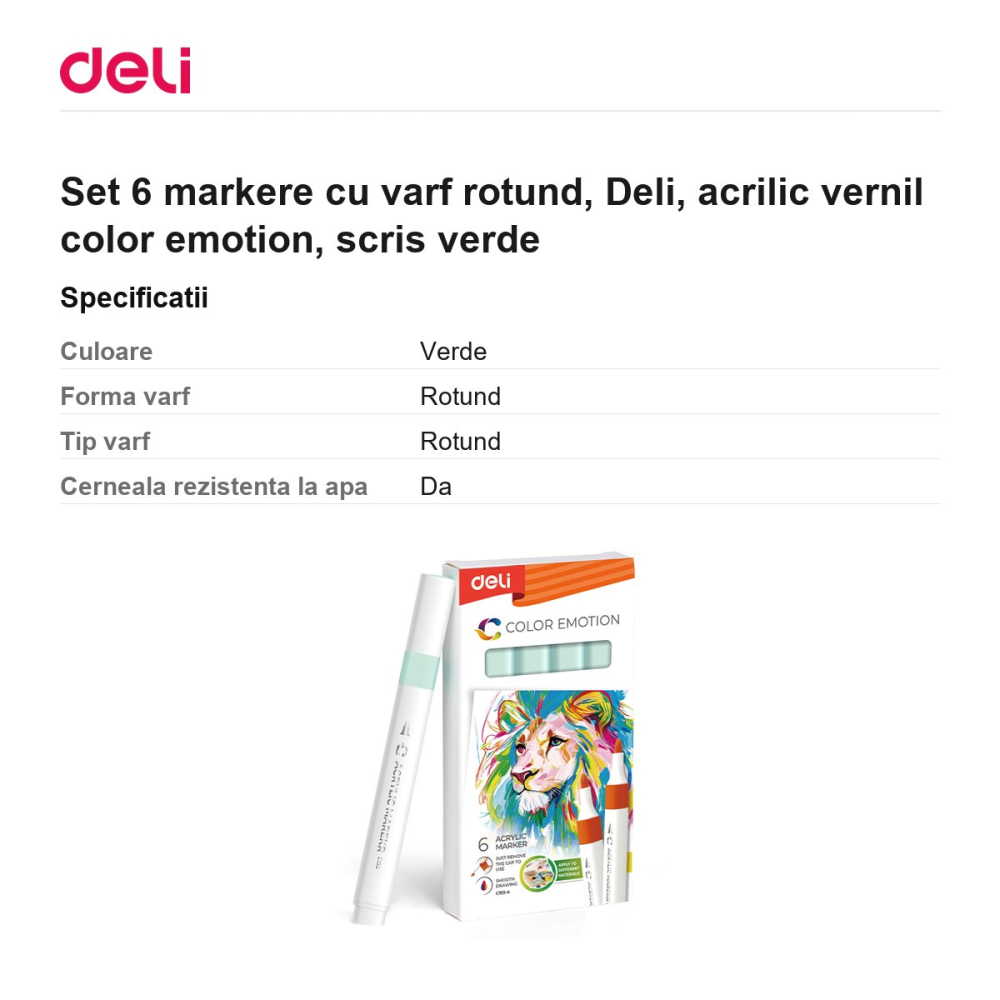 Set 6 markere cu varf rotund, Deli, acrilic vernil color emotion, scris verde [3]