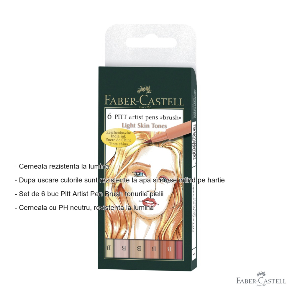 Set 6 markere Faber-Castell Pitt Artist Pen Brush, tonurile pielii, cerneala rezistenta la apa, pentru schite si ilustratie [2]