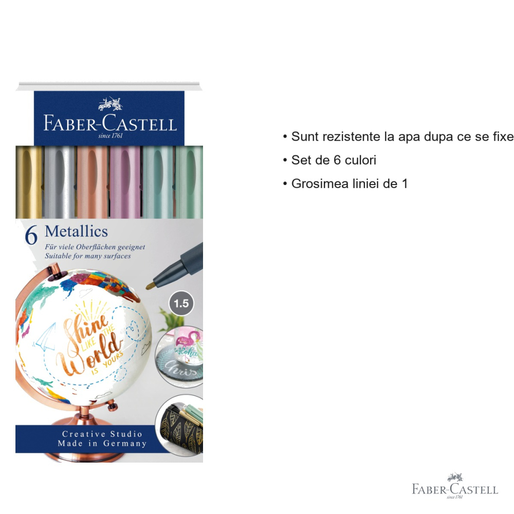 Set 6 markere metalice Faber-Castell, efect metalic nobil, pentru suprafete inchise si lucioase [3]