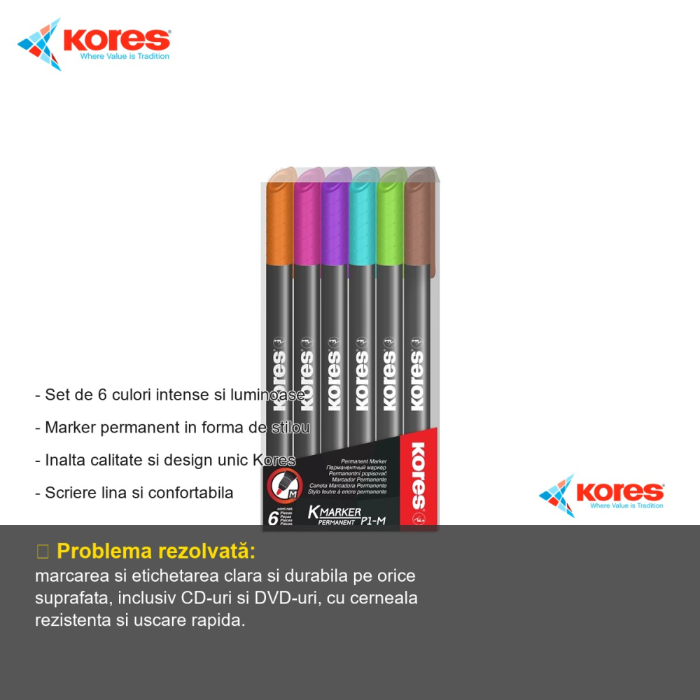 Set 6 markere permanente Kores, varf 1mm, culori intense, pentru toate suprafetele [2]