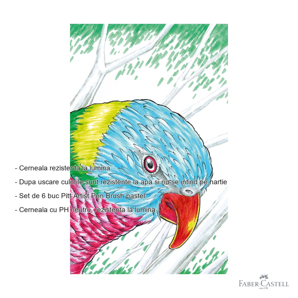 Set 6 markere Pitt Artist Pen Brush Faber-Castell, varf pensula, culori pastel pentru arta si ilustratie [2]