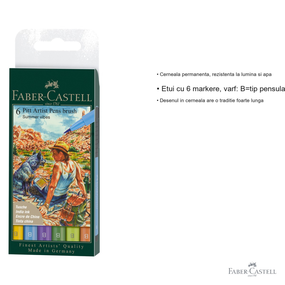 Set 6 markere Pitt Artist Pen Faber-Castell, varf pensula, culori vara 2022, pentru desen si ilustratie [3]
