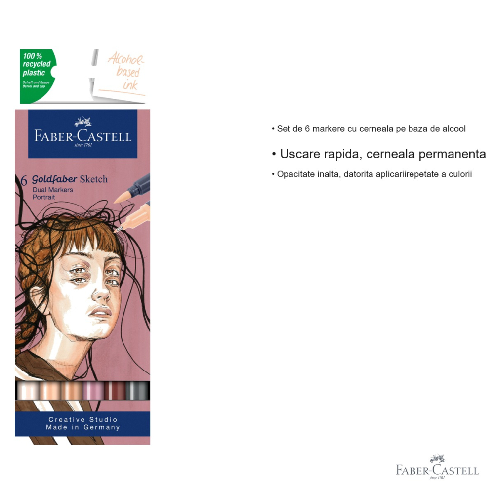 Set 6 markere sketch cu 2 capete Faber-Castell Goldfaber, cerneala alcool, portret, pentru desen artistic [3]