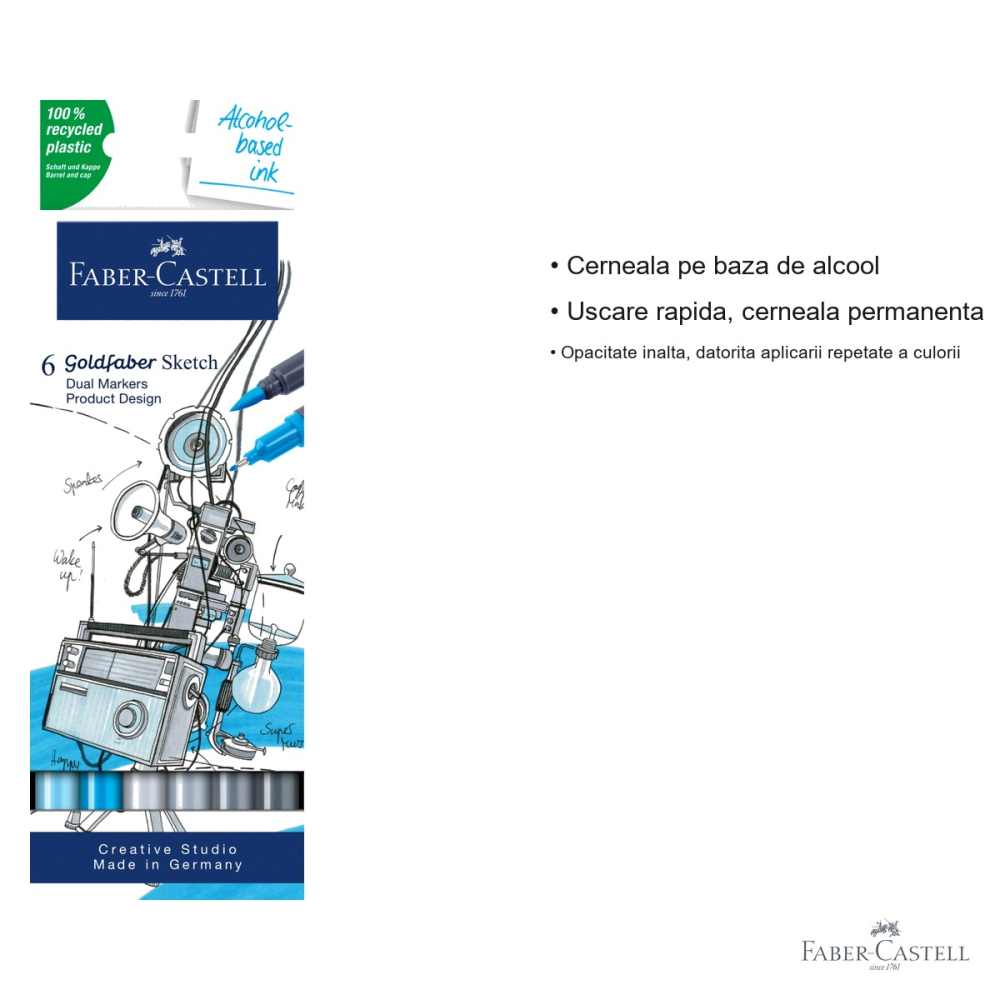 Set 6 markere sketch Faber-Castell Goldfaber, doua capete pensula si fineliner, pentru desen si design [3]