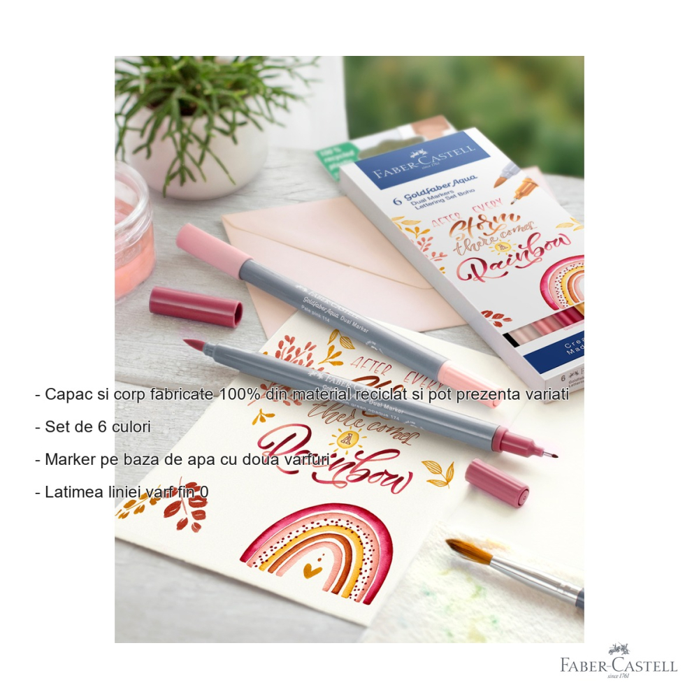 Set 6 markere solubile cu 2 capete Faber-Castell Goldfaber Boho, varf pensula si varf fin, pentru desen si ilustratie [2]