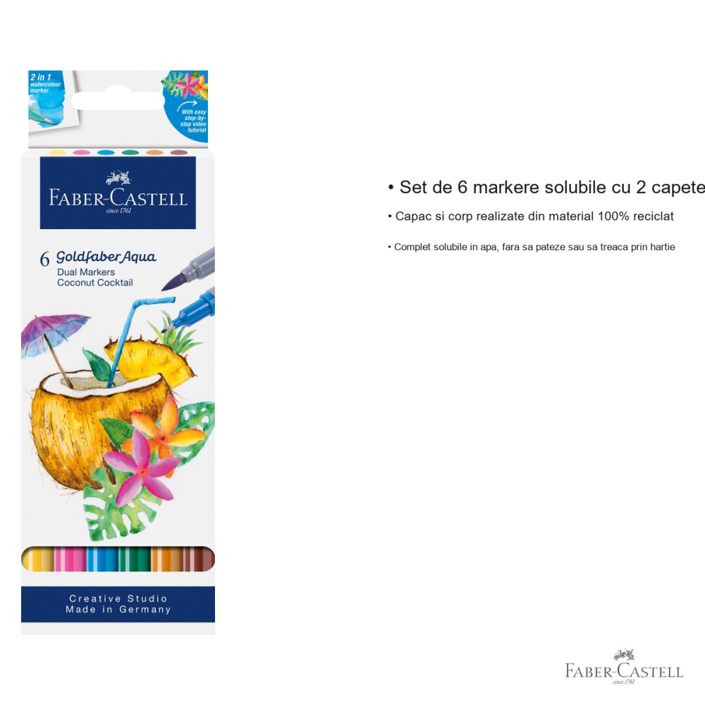 Set 6 markere solubile cu 2 capete Faber-Castell Goldfaber, colectia Tropical, pentru pictura artistica si desen [3]
