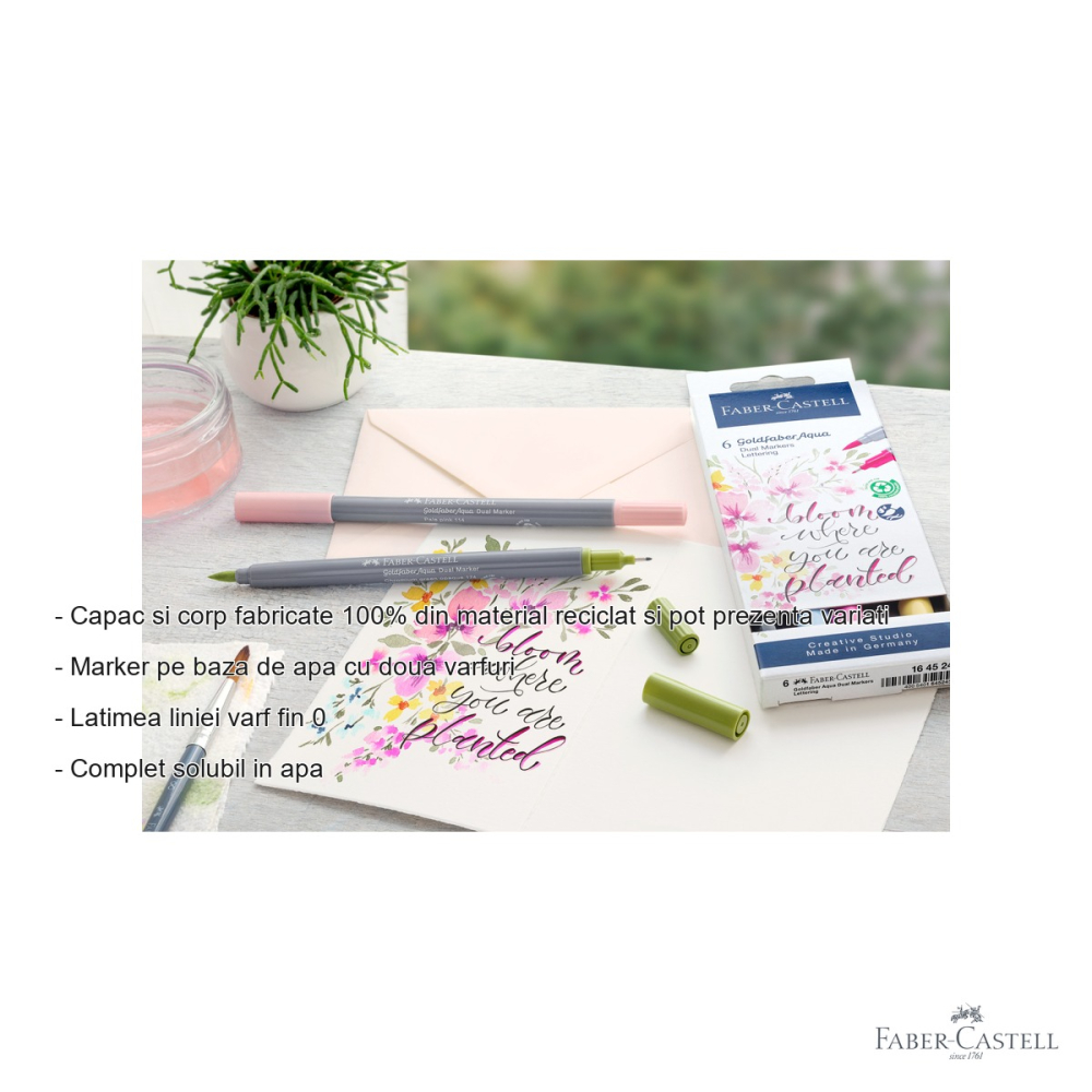 Set 6 markere solubile cu 2 capete Faber-Castell Goldfaber Lettering, varf pensula si varf fin, pentru desen si caligrafie [2]