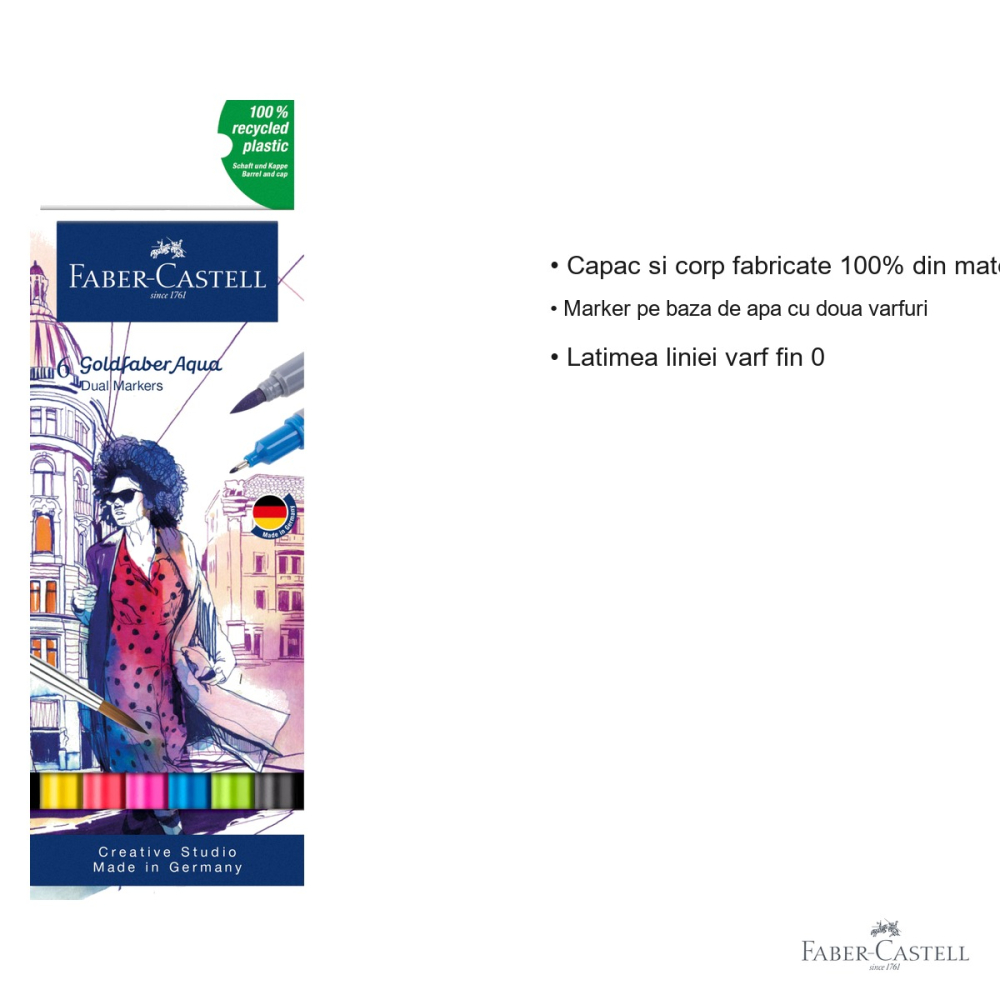 Set 6 markere solubile cu 2 capete Faber-Castell Goldfaber, varf pensula si varf fin, culori de baza [3]