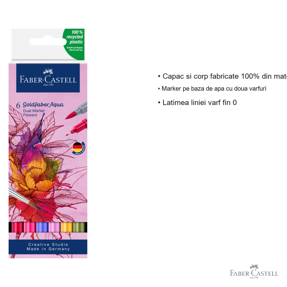 Set 6 markere solubile cu 2 capete Faber-Castell Goldfaber, varf pensula si varf fin, motiv flori [3]