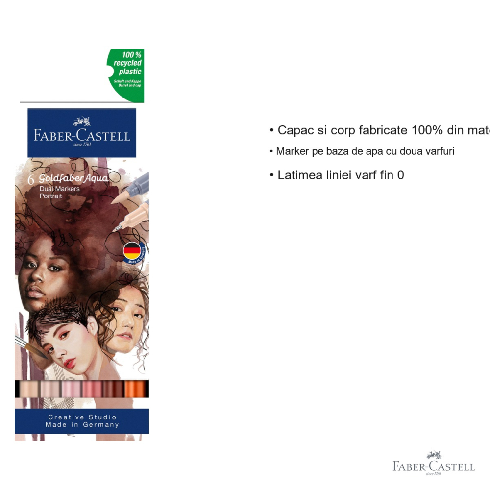 Set 6 markere solubile cu 2 capete Faber-Castell Goldfaber, varf pensula si varf fin, pentru desen si portret [3]