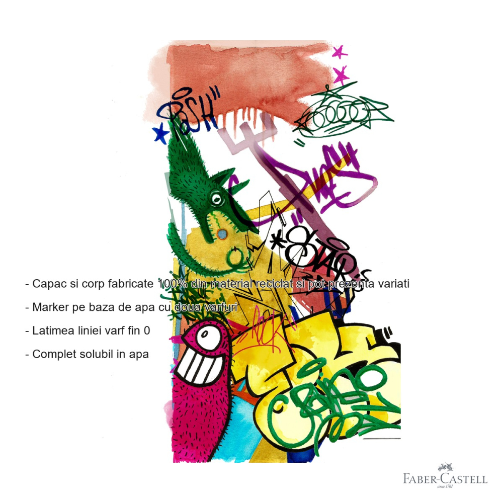 Set 6 markere solubile cu 2 varfuri Faber-Castell Goldfaber Graffiti, varf pensula si varf fin 0.4 mm, pentru desen si ilustratie [2]