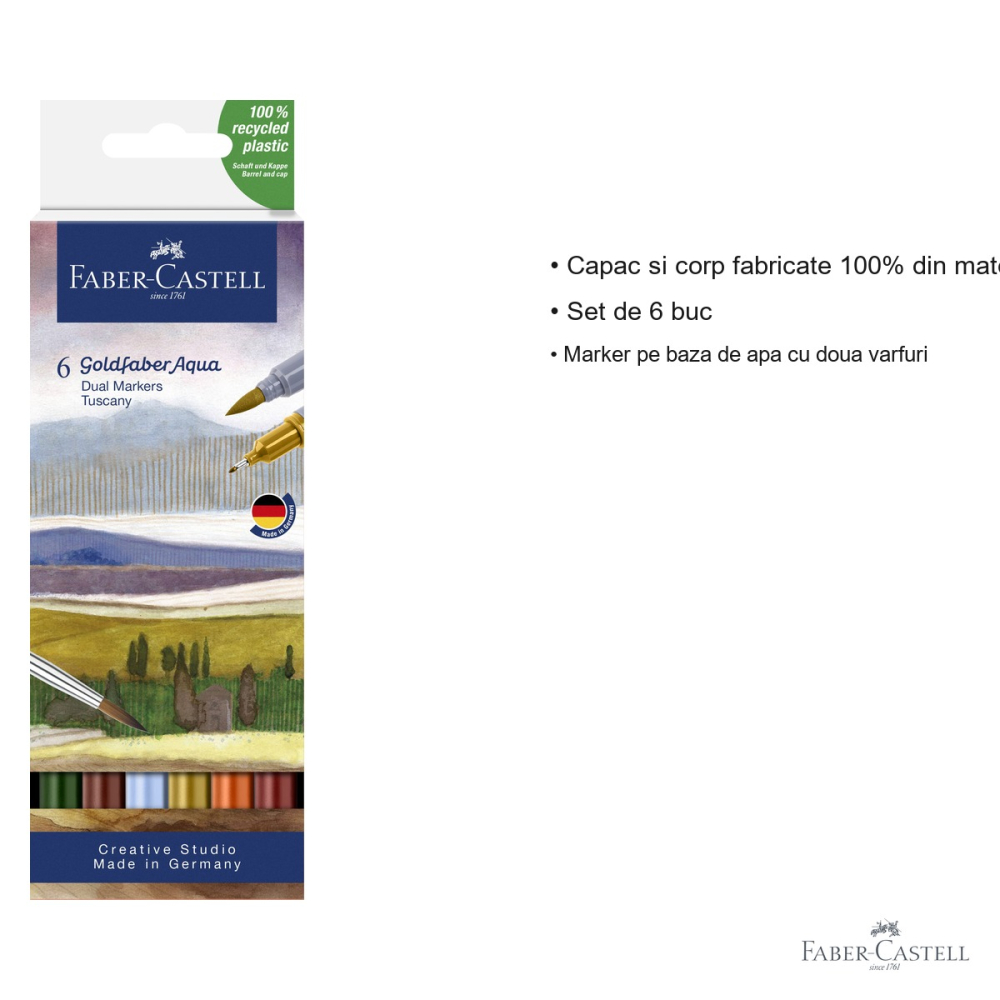 Set 6 markere solubile cu doua varfuri Faber-Castell Goldfaber Toscana, varf pensula si varf fin, pentru desen si ilustratie [3]