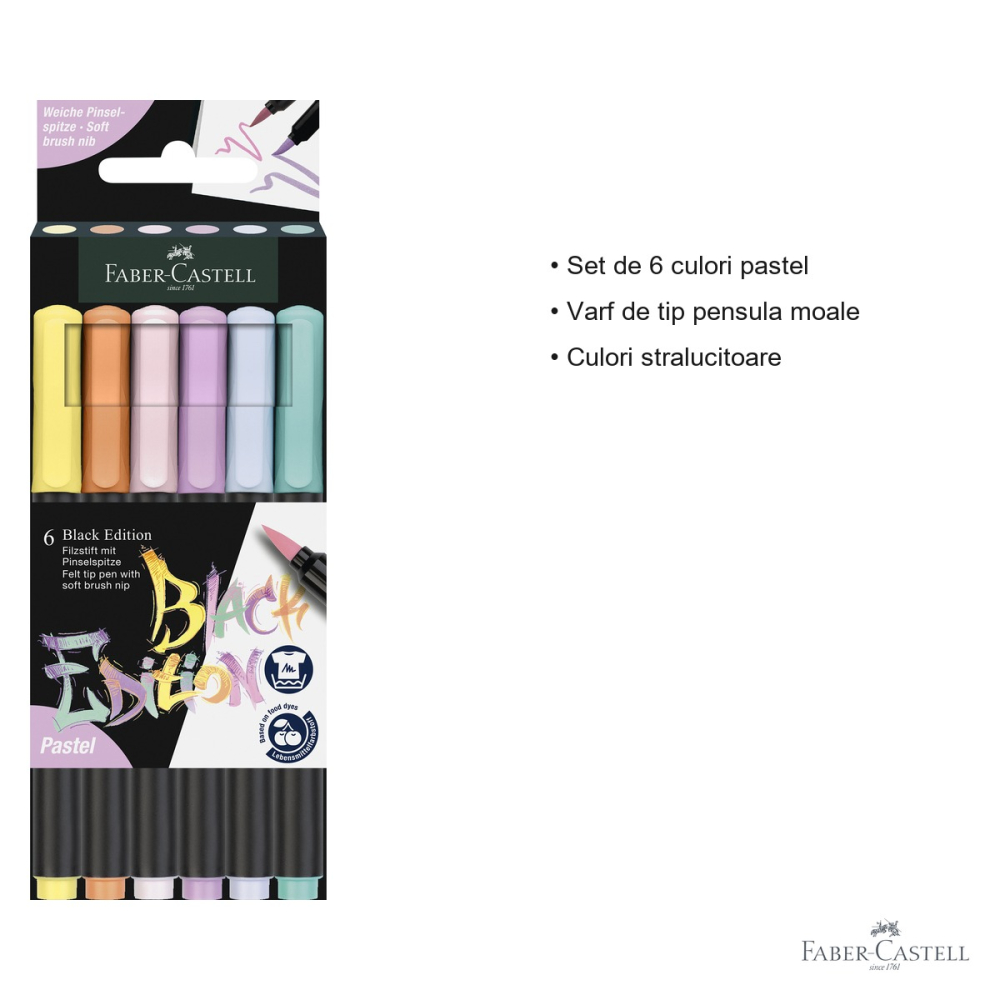 Set 6 markere tip pensula Faber-Castell Black Edition, culori pastel stralucitoare, pentru desen si ilustratie [3]