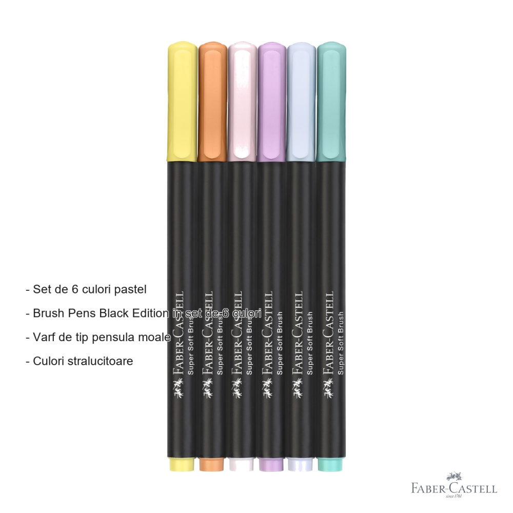 Set 6 markere tip pensula Faber-Castell Black Edition, culori pastel stralucitoare, pentru desen si ilustratie [2]