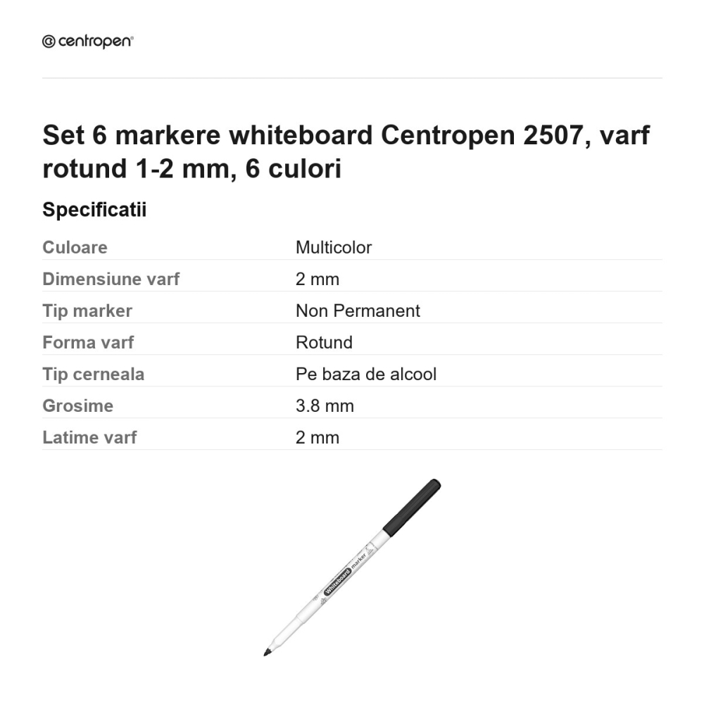 Set 6 markere whiteboard Centropen 2507, varf rotund 1-2 mm, 6 culori [3]
