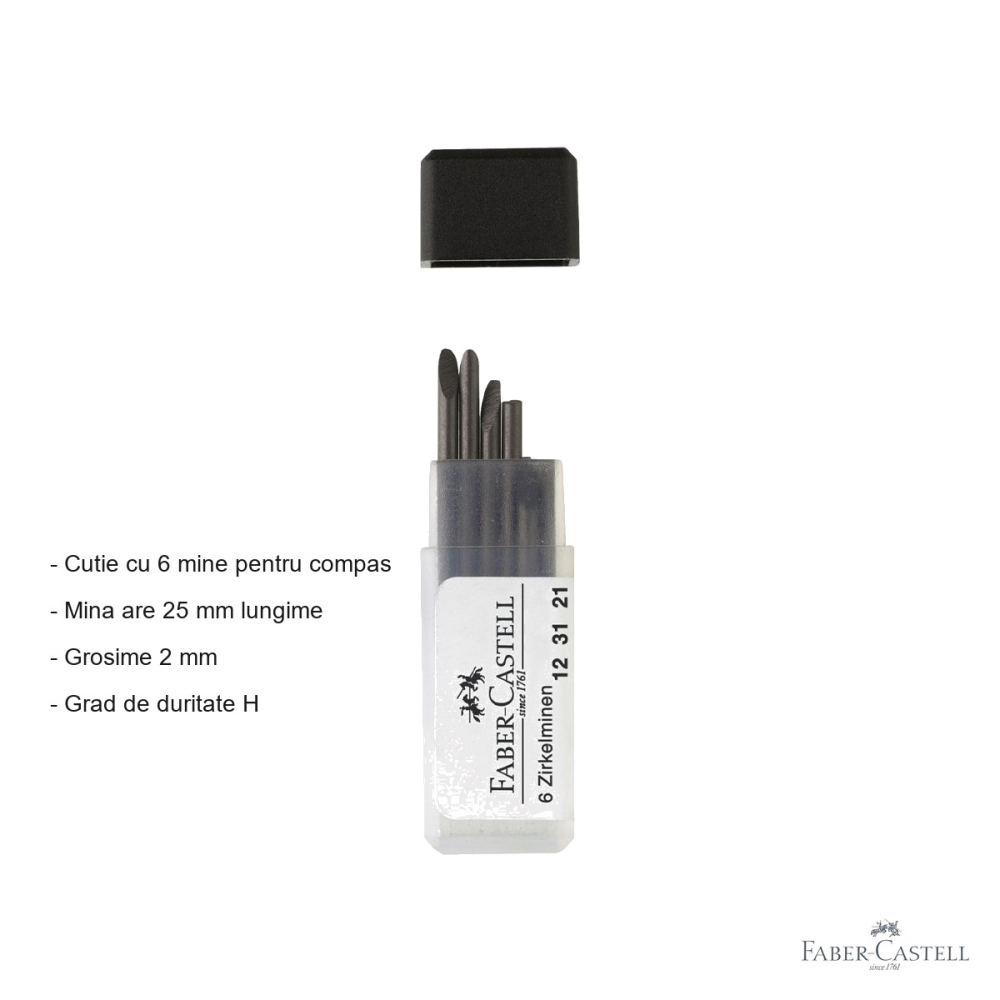 Set 6 mine compas Faber-Castell, grafit H 2 mm, 25 mm lungime, compatibile orice compas [2]