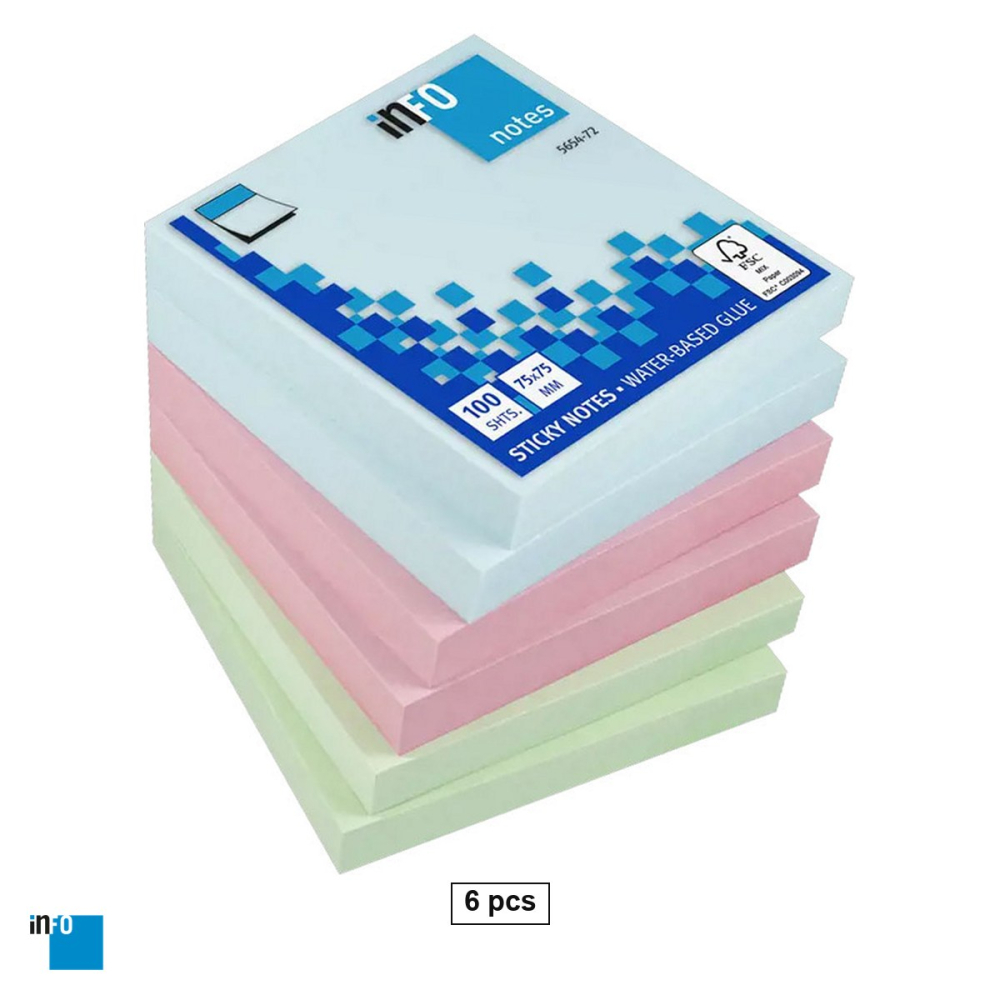 Set 6 notesuri adezive inFO, 75x75 mm, 100 file, pastel asortat, multicolor [1]