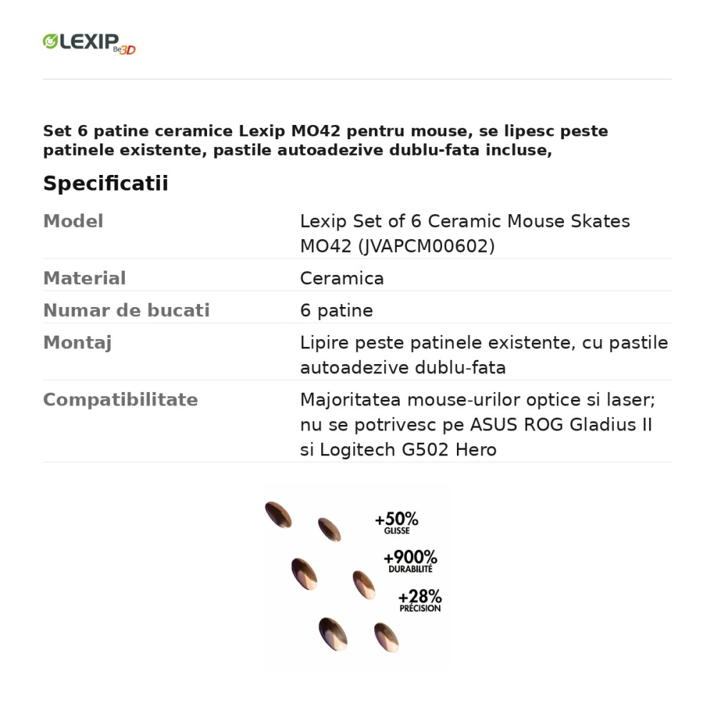Set 6 patine ceramice Lexip MO42 pentru mouse, se lipesc peste patinele existente, pastile autoadezive dublu-fata incluse, JVAPCM00602 [3]