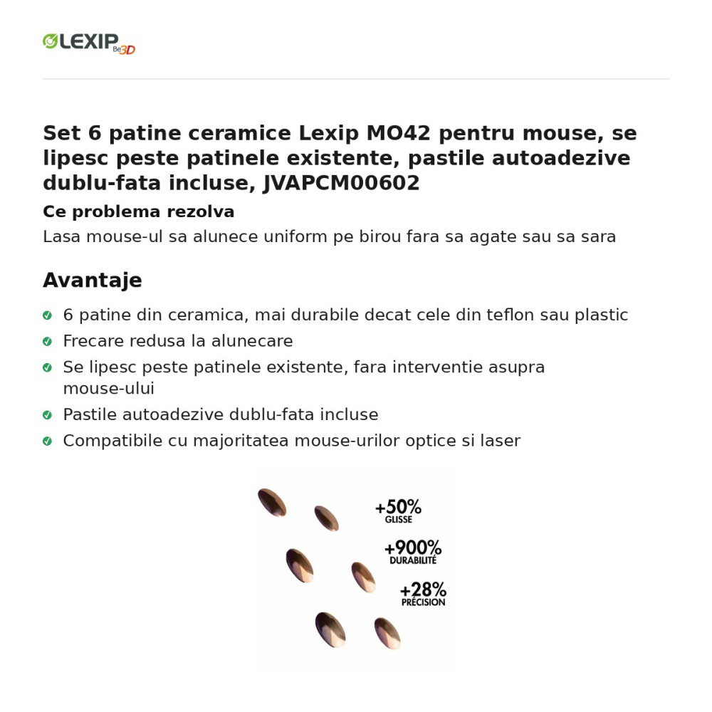Set 6 patine ceramice Lexip MO42 pentru mouse, se lipesc peste patinele existente, pastile autoadezive dublu-fata incluse, JVAPCM00602 [2]