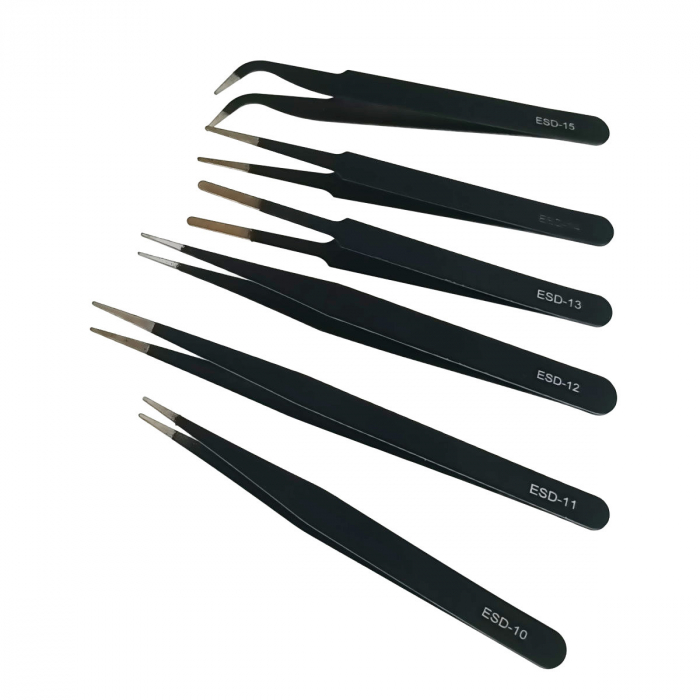Set 6 pensete, antistatice, cu varf ascutit, plat si curbat in unghi, lungimi 112 - 132 mm [3]