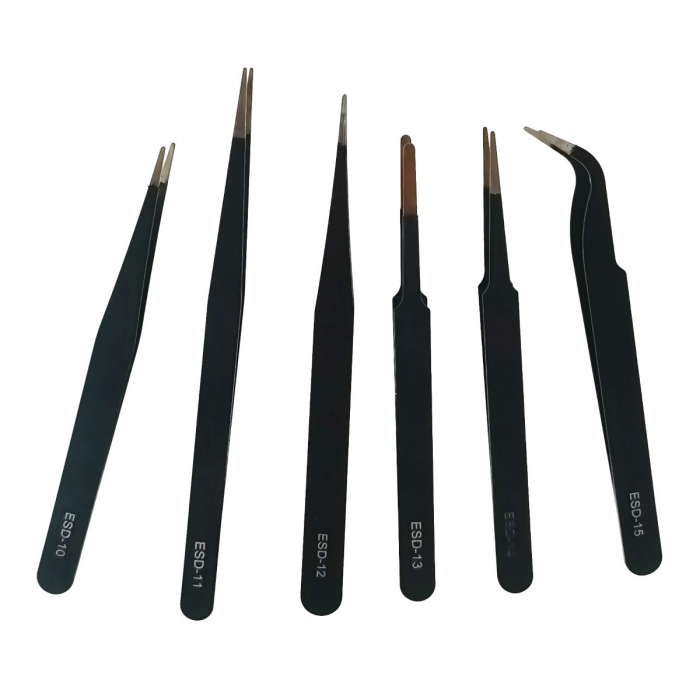 Set 6 pensete, antistatice, cu varf ascutit, plat si curbat in unghi, lungimi 112 - 132 mm [2]