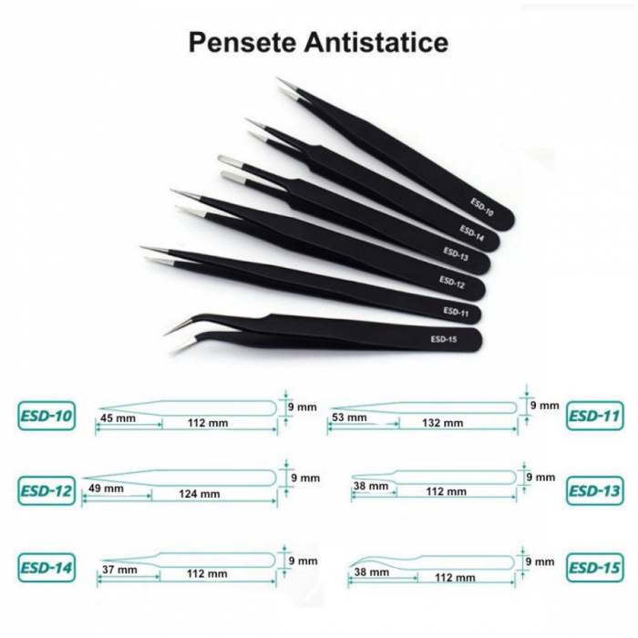 Set 6 pensete, antistatice, cu varf ascutit, plat si curbat in unghi, lungimi 112 - 132 mm [5]