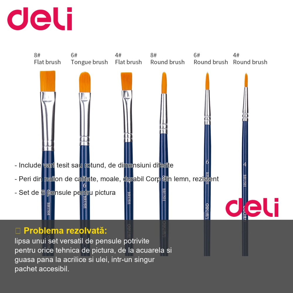 Set 6 pensule pictura Deli, varf tesit si rotund, peri nailon moale, pentru acrilice, acuarela si ulei [2]