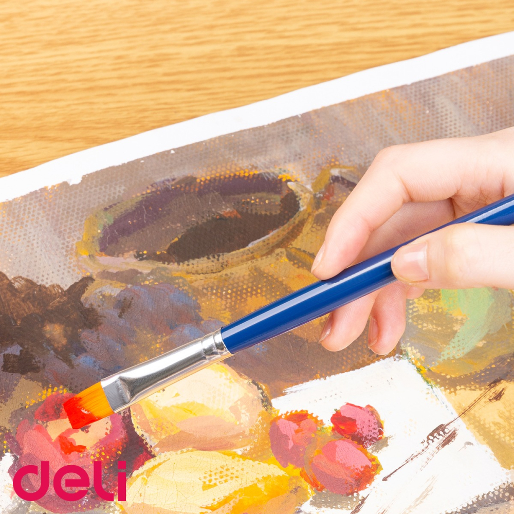Set 6 pensule pictura Deli, varf tesit si rotund, peri nailon moale, pentru acrilice, acuarela si ulei [5]