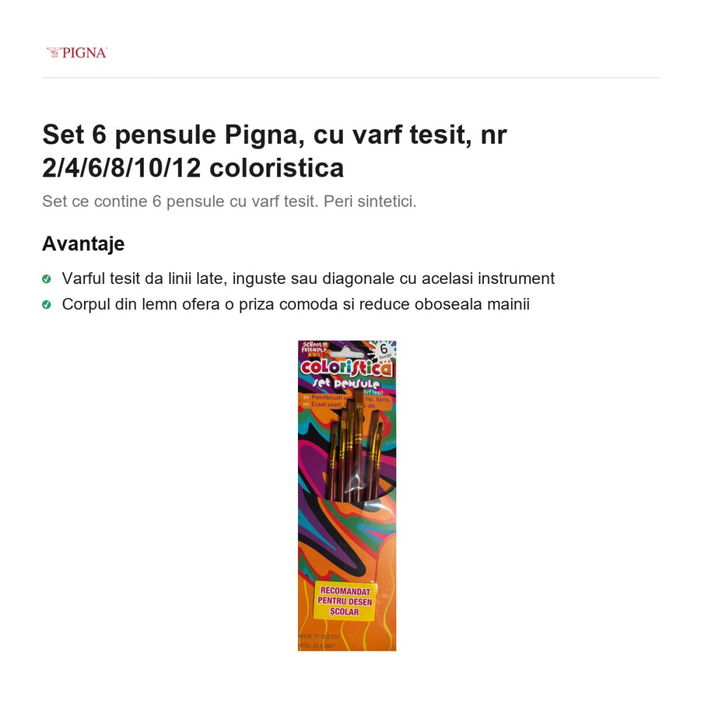 Set 6 pensule Pigna, cu varf tesit, nr 2/4/6/8/10/12 coloristica [2]