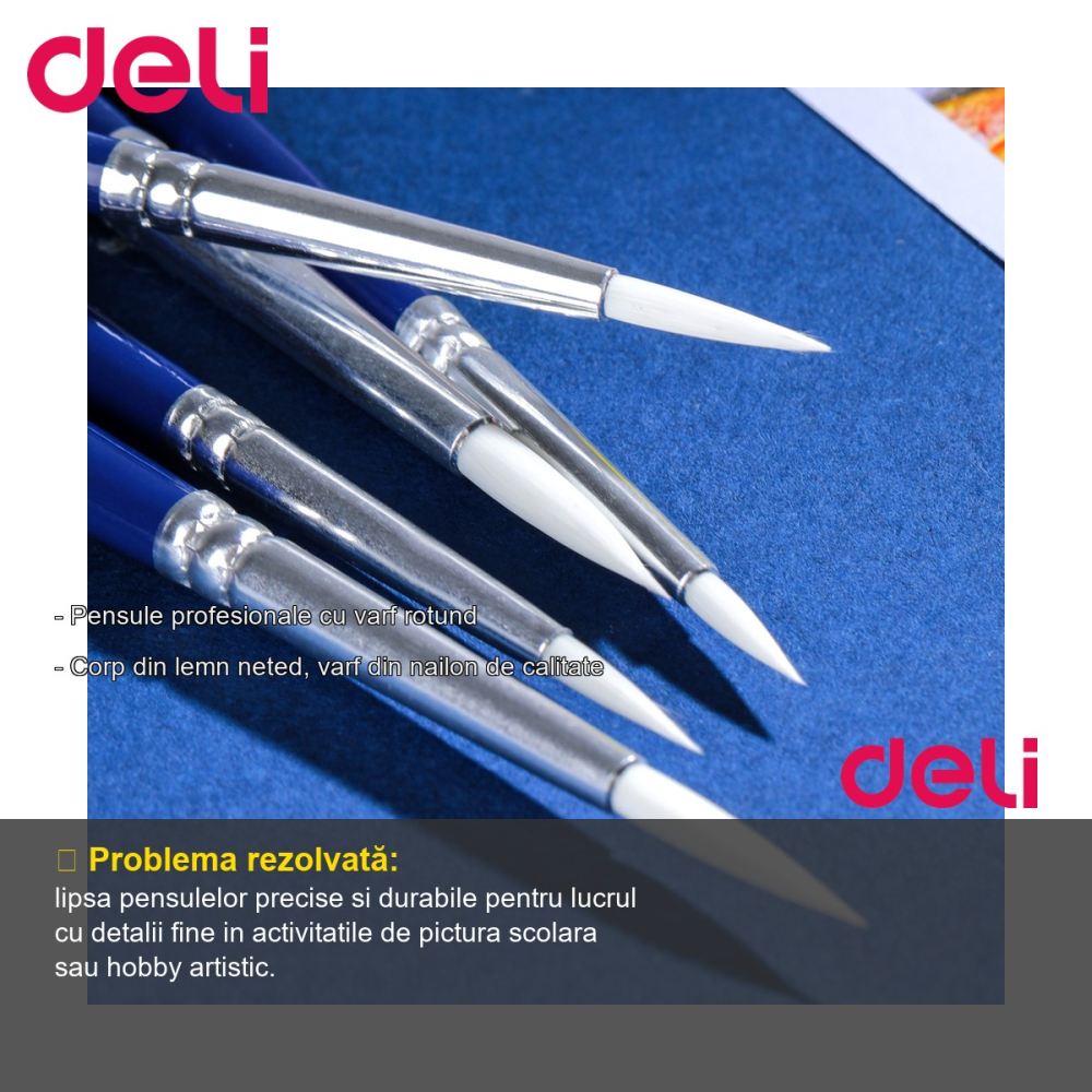 Set 6 pensule profesionale Deli, varf rotund nr. 1, corp lemn, par nailon, pentru desen si pictura [2]