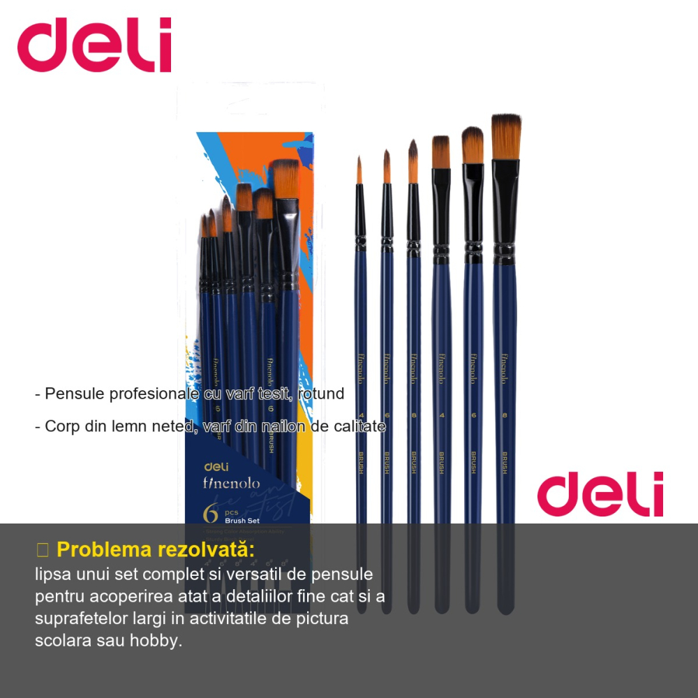 Set 6 pensule profesionale Deli, varfuri rotunde si tesite (4, 6, 8), corp din lemn, par nailon, pentru desen si pictura [2]