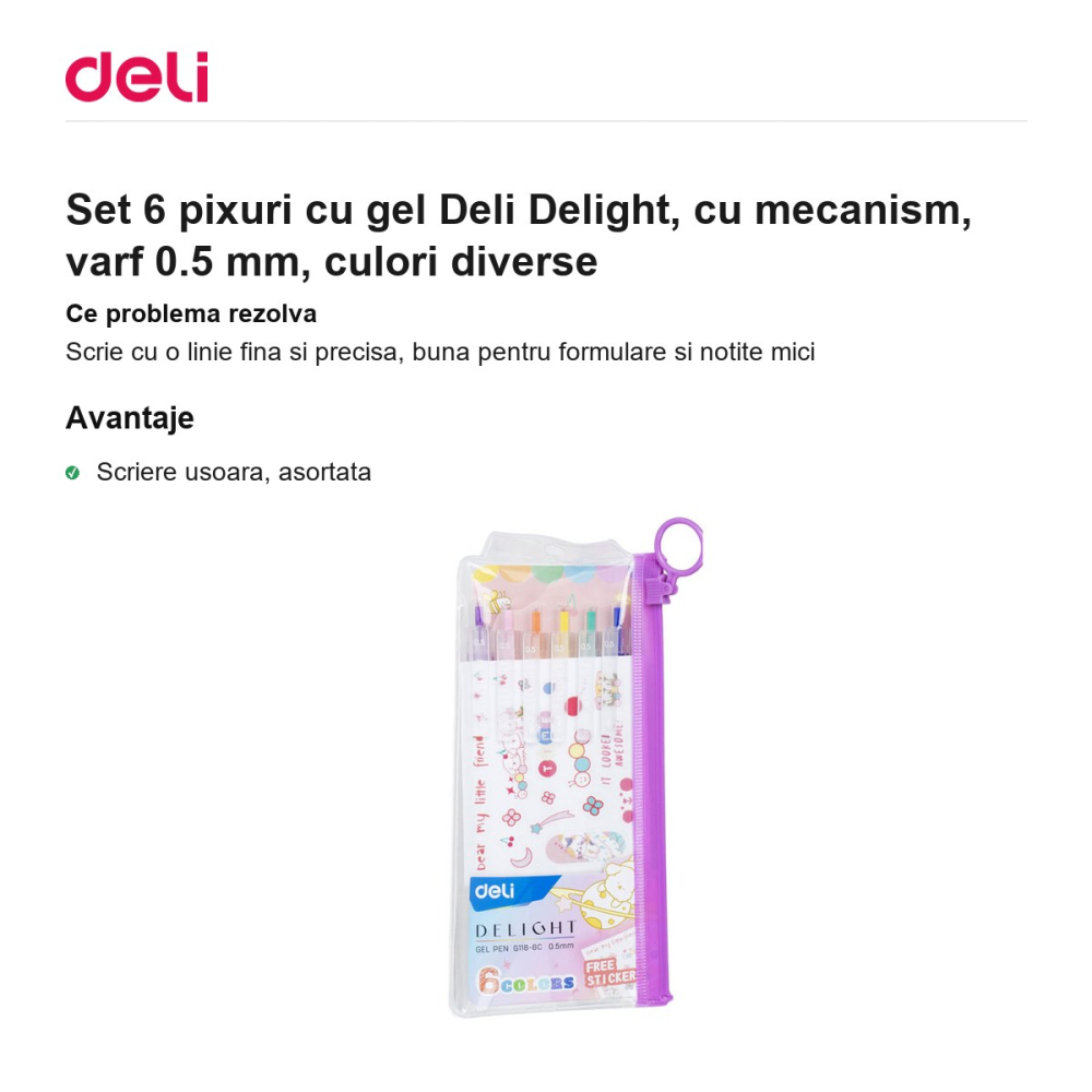Set 6 pixuri cu gel Deli Delight, cu mecanism, varf 0.5 mm, culori diverse [2]