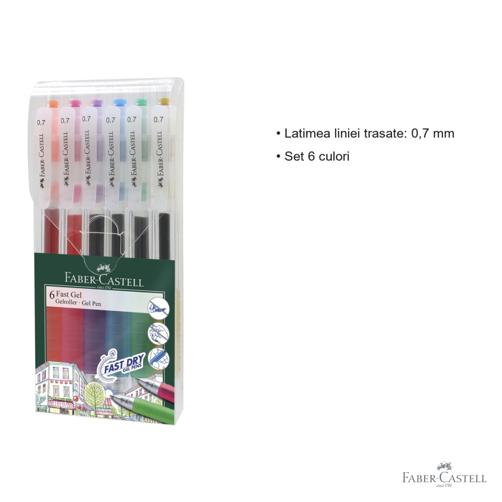 Set 6 pixuri cu gel Faber-Castell Fast Gel 0.7mm, uscare rapida, multicolor [3]