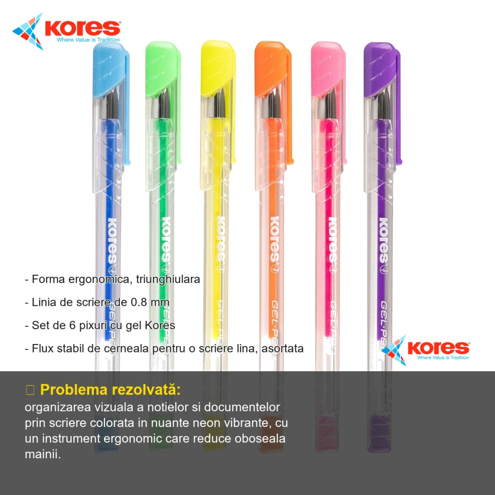 Set 6 pixuri cu gel Kores K11, culori neon, varf 0.4mm, forma ergonomica triunghiulara [2]