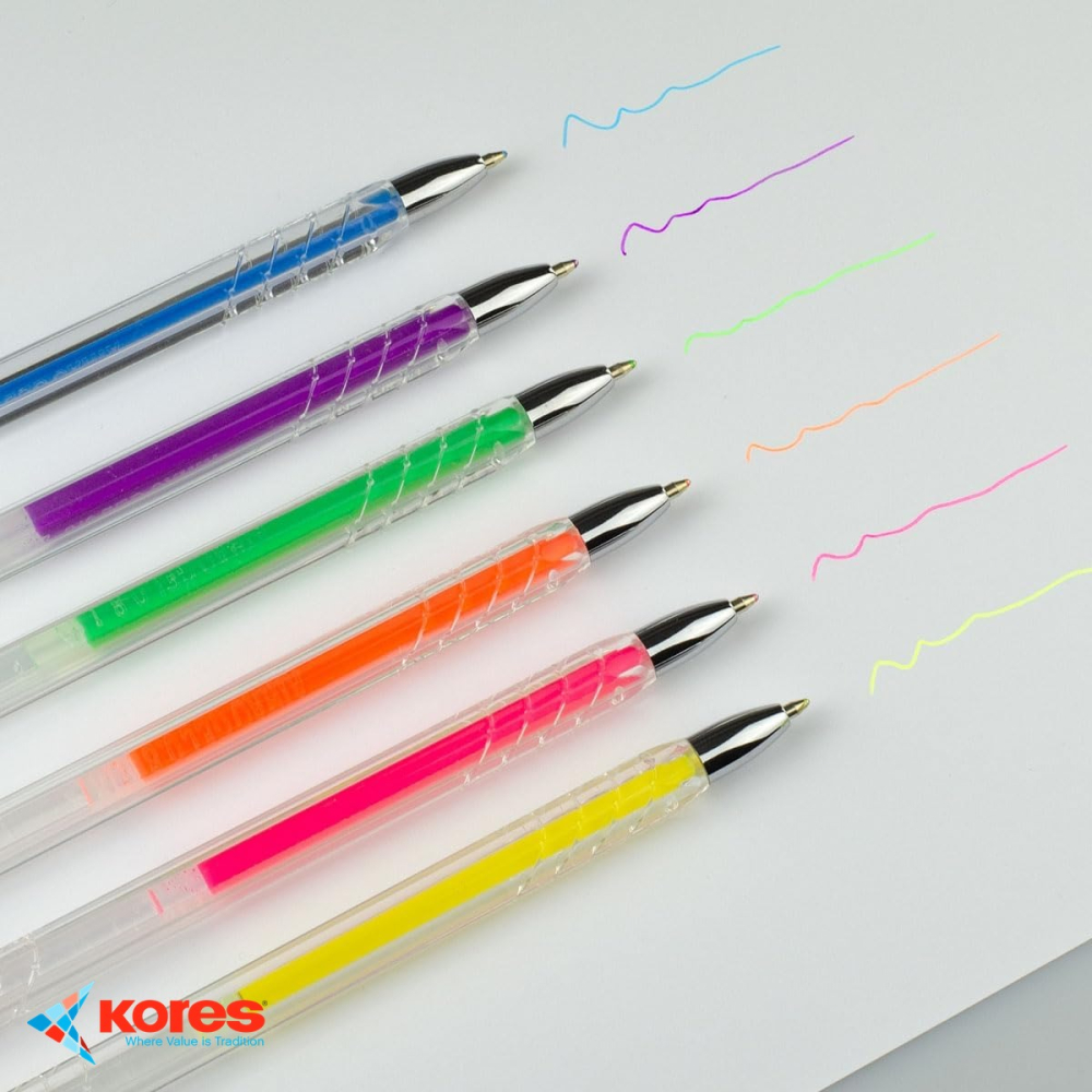 Set 6 pixuri cu gel Kores K11, culori neon, varf 0.4mm, forma ergonomica triunghiulara [5]