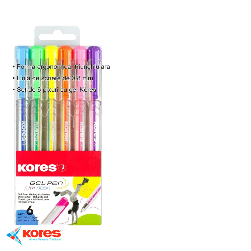 Set 6 pixuri cu gel Kores K11, culori neon, varf 0.4mm, forma ergonomica triunghiulara [3]