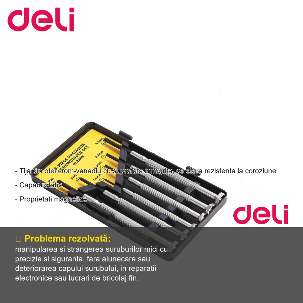 Set 6 surubelnite de precizie Deli, maner cauciuc-plastic ergonomic, tija otel crom-vanadiu cu proprietati magnetice [2]