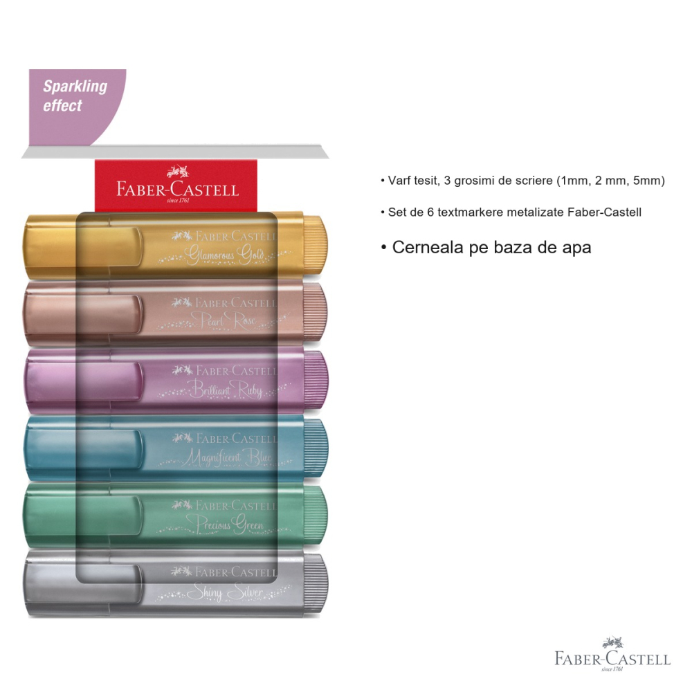 Set 6 textmarkere metalizate Faber-Castell, varf tesit, 3 grosimi de scriere, cerneala pe baza de apa [3]